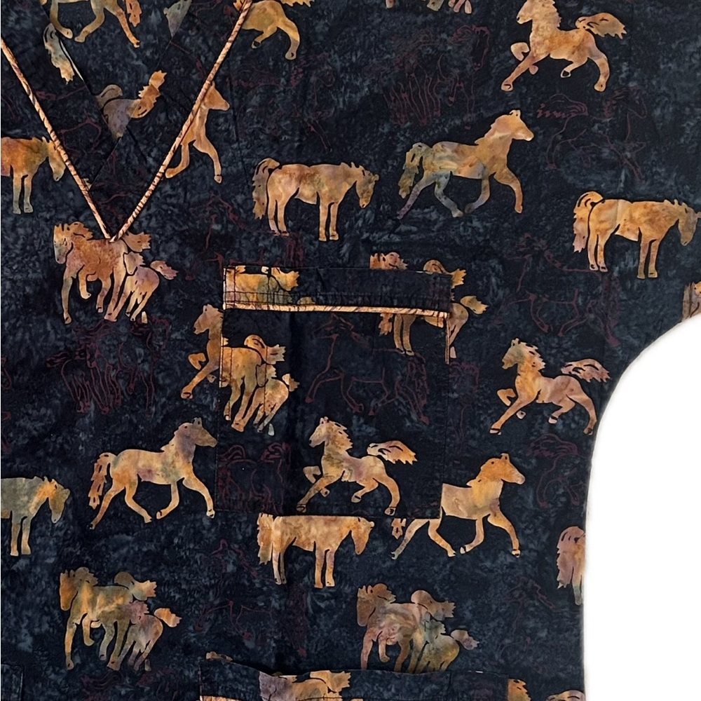 Smart Scrubs Black and Brown Horse Print Top - Picture 4 of 4
